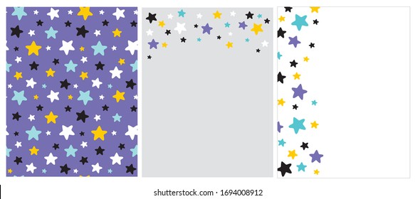 Lovely Abstract Starry Sky Vector Pattern and 2 Layouts. White, Black, Yellow and Blue Stars on a Violet Background. Colorful Stars on a White and Light Gray. Funny Party Blanks. 