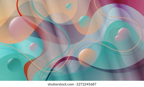 Lovely abstract wallpaper in soft colors and with a 3D effect. Translucent shiny spheres, wavy lines against the background of overlapping smooth shapes and mixing colors. Vector.