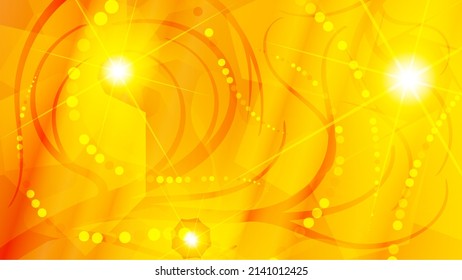 Lovely abstract wallpaper in yellow-orange tones. Smooth stripes, curved chains of circles, flashes of light against the background of overlapping art forms. Vector. 