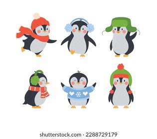 Lovely adorable little penguin characters for winter cards or Christmas prints, flat vector illustration isolated on white background. Set of penguins in winter clothing.