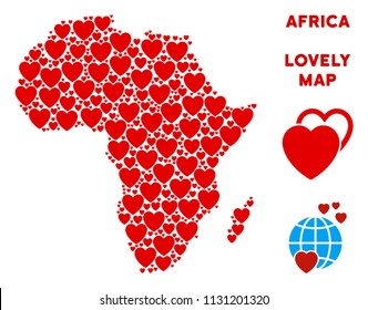 Lovely Africa map collage of red hearts. We like Africa map template. Abstract vector geographic scheme is formed of red valentine items.