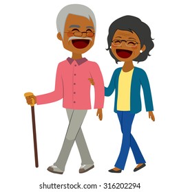 Lovely African American Senior Couple Laughing And Talking Walking Together