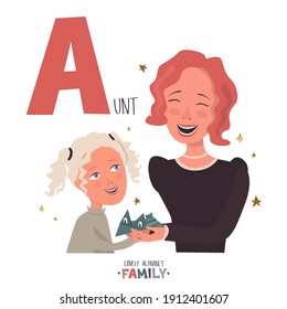 Lovely Alphabet - Family. Letter A - Aunt.  Aunt And Her Little Niece Laugh At The Origami Frog.
Vector Cartoon Illustration. Isolated On White Background.