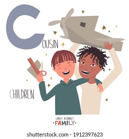 Lovely Alphabet - Family. Letter C - Cousin. Children, Two Brothers Of A Cousin Made A Plane Out Of Cardboard, Play And Rejoice. Vector Cartoon Illustration. Isolated On White Background.