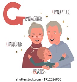 Lovely alphabet - Family. Letter G - grandchild. The grandson visited his grandparents and hugs them tenderly.
Vector cartoon illustration. Isolated on white background.