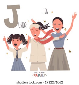Lovely alphabet - Family. Letter J-junior. Three Asian girls of different ages rejoice. Vector cartoon illustration. Isolated on white background.