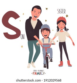 Lovely alphabet - Family. Letter S - son. Dad teaches his little son to ride a bike, older sister rides alongside on roller skates.
Vector cartoon illustration. Isolated on white background.