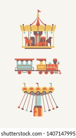 Lovely amusement park attractions vertical banner with carousels and theme park train ride