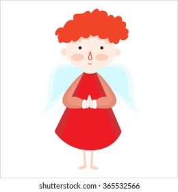Lovely angel in a red dress. Angel folded handle. Auburn angel with freckles.