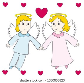 Lovely angels boy and girl fly in the hearts. Child hand drawing retro style. Vector icon, prints, textile decoration, valentine card.