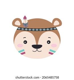 lovely animal with headband and feather on head, tribal portraits of chipmunk isolated on white background, cartoon baby animals, vector illustration
