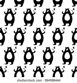 Lovely animal pattern with bear holding a flower. Cute vector black and white animal pattern. Seamless monochrome animal pattern for fabric, wallpapers, wrapping paper, cards and web backgrounds.