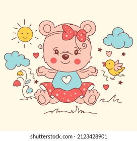 Lovely animal pink concept of Funny doodle bear cub girl in dress, sun, flowers and bird. Cartoon print, kids poster, can be used as fashion print for tee, t shirt, square post