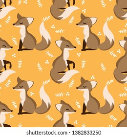 Lovely animal seamless pattern of little foxes with leaves branches and cute berries on yellow background. Vector illustration.
