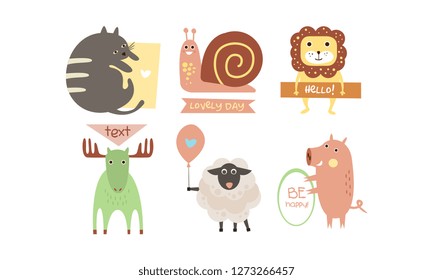 Lovely animals with banners set, cute cat, snail, lion, elk, sheep, pig holding signboards with text, design elelment for greeting card, print, poster, banner vector Illustration