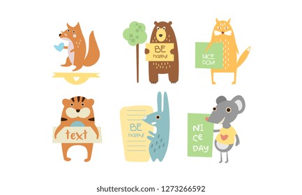 Lovely animals with banners set, cute fox, bear, cat, tiger, rabbit, mouse holding signboards with text, design elelment for greeting card, print, poster, banner vector Illustration