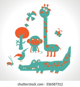 Lovely animals. Illustration for children. Vector cartoon with use only of two colors