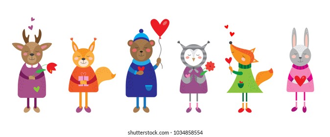 Lovely animals in vector. Deer, squirrel, bear, rabbit, owl, fox in vector