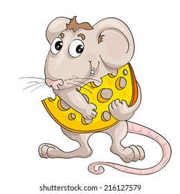 Lovely animation little mouse with slice of cheese on isolated white background