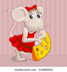 Lovely animation little mouse with slice of cheese on pink background