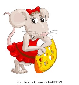 Lovely animation little mouse with slice of cheese on isolated white background