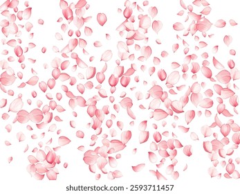 Lovely apricot tree blossom petals flying on white background vector illustration. Birthday flower decor elements. Airy spring pink bloom petals festive Aromatic floral backdrop.