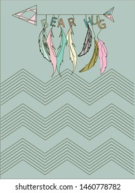 Lovely arrow with bear hug message and feathers on ethnic background.