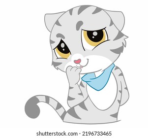 The lovely and attractive American Shorthair cat with small blue scarf acts as a happy and good emotion. Doodle and cartoon art.