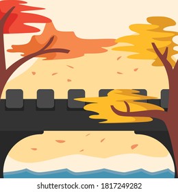 Lovely autumn background with bridge adn maple tree, flat design style