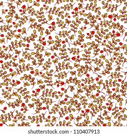 Lovely autumn background with cranberries, red berry. Retro colored seamless pattern. Nordic berries.Seamless texture with flowers