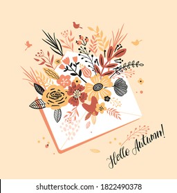 Lovely autumn card with a bouqet flowers, leaves envelope and with the inscription I Hello Autumn. Perfect for greeting cards, postcards, t-shirt design and other yours design in trend colors.