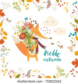 Lovely autumn card with a fox and flowers