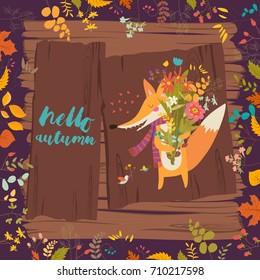 Lovely autumn card with a fox and flowers