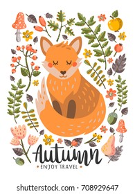 Lovely autumn card with a fox, mushrooms, leaves, flowers, acorns, berries with the inscription Enjoy travel. Perfect for greeting cards, postcards, t-shirt design and other