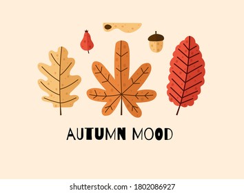 Lovely autumn card with a leaves. Perfect for greeting cards, postcards, t-shirt design and other. 
Autumn set. Leaves composition. Banners of the autumn season. Trendy hand drawn textures.