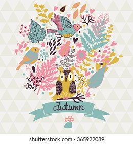Lovely autumn concept card made of leafs and birds in vector. Floral background in vintage style