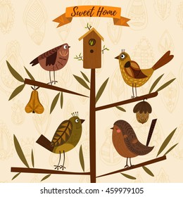 Lovely autumn concept card made of leafs and birds in vector. Floral background in vintage style