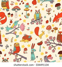 Lovely autumn concept childish seamless pattern with fox, rabbit, owl, hedgehog, squirrel and birds in mushrooms, flowers and branches. Seamless pattern can be used for wallpapers, pattern fills