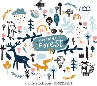 Lovely autumn forest friends. Deer, fox, bear and bird. Rainbows, clouds and foliage.