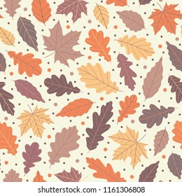 Lovely autumn leafs pattern in warm light colors, seamless repeat. Trendy flat style. Great for backgrounds, apparel & editorial design, cards, gift wrapping paper, home decor etc.