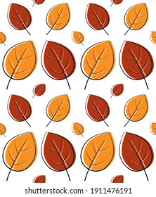 Lovely autumn leafs pattern in warm light colors, seamless repeat. Trendy flat style. Great for backgrounds, apparel  editorial design, cards, gift wrapping paper, home decor etc.