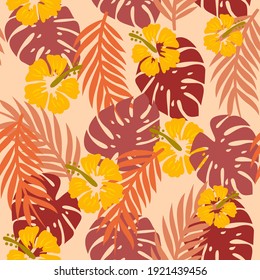 Lovely autumn leafs pattern in warm light colors, seamless repeat. Trendy flat style.