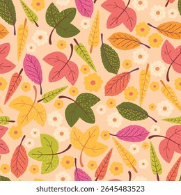 Lovely Autumn Leaves and Botanical Seamless Pattern. Hand drawn nature elements with playful fall colors perfect for cards, patterns, print, web