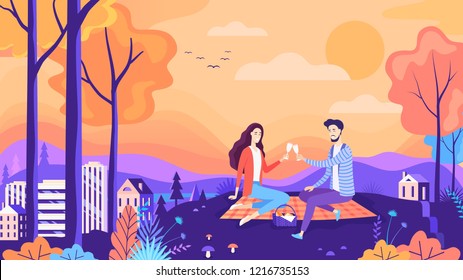 Lovely Autumn Picnic Couple In The City Park. Beautiful Nature