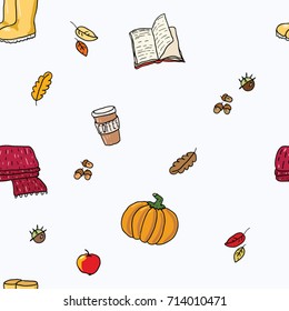 Lovely autumn seamless pattern in vector / Fall background pumpkin, coffee, book
