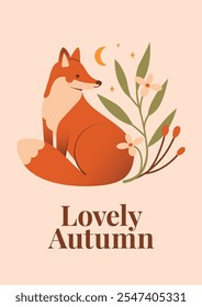 Lovely autumn. Sitting fox among plants, flowers, berries, crescent moon, stars, leaves. Naive cute illustration of forest animal with botany elements.  For autumn card, sticker, badge, print.	