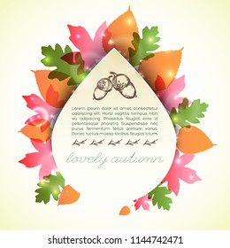 Lovely autumn template with colorful foliage around greeting card in drop shape with sketched acorns vector illustration