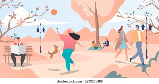 Lovely autumn urban garden place, cheerful people walking spring morning park, banner stroll area flat vector illustration.