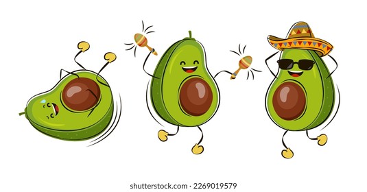 Lovely avocados. Illustration for children in kawaii style. Isolate on white background vector illustration.