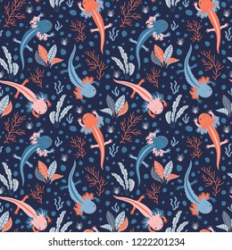 Lovely axolotl vector pattern, seamless repeat in red and blue shades. Trendy hand drawn style. Great for editorial & textile design, wallpapers, backgrounds, scrapbooking, wrapping paper, cards etc.